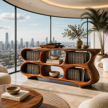 Modern turntable stand featuring integrated LP storage and flowing organic curves