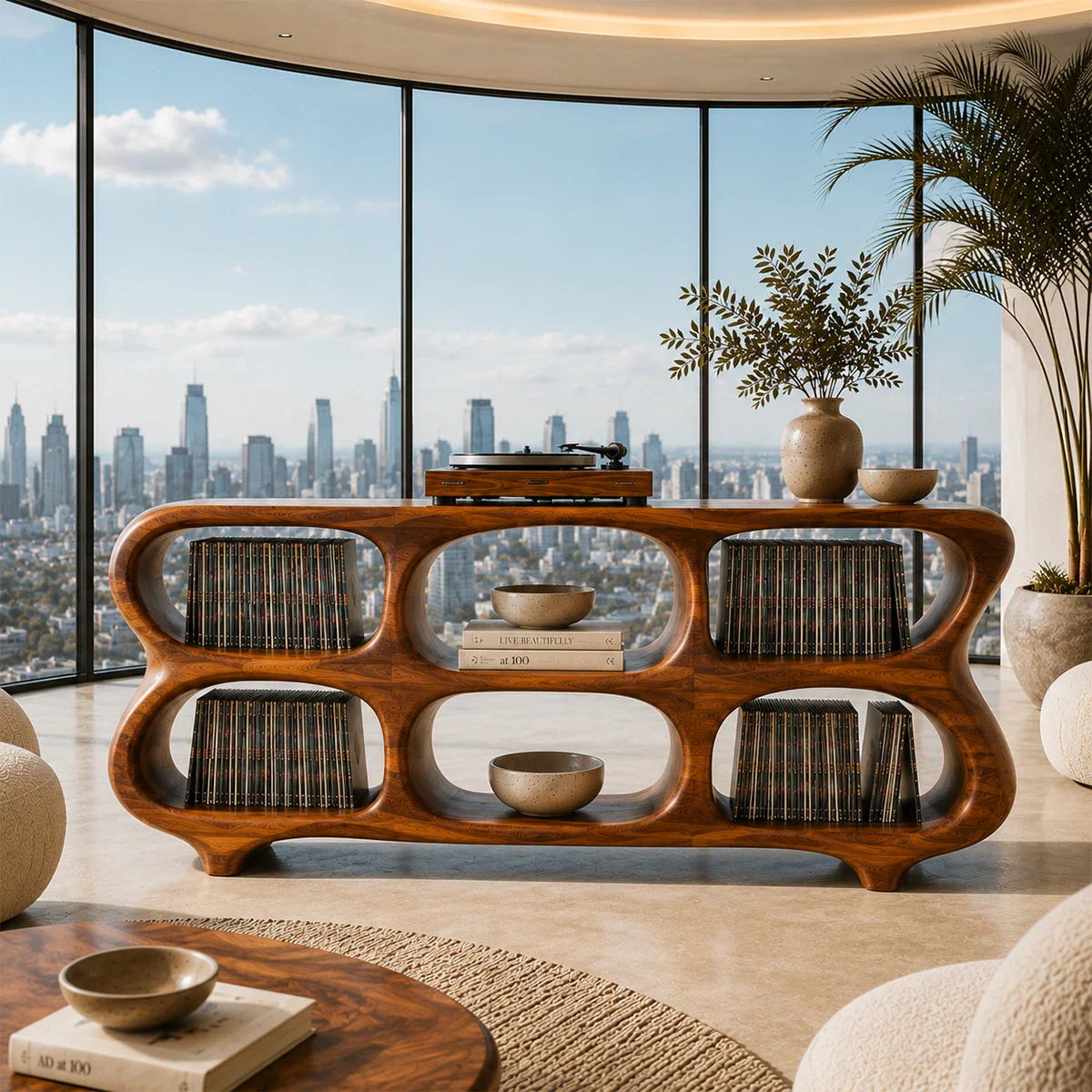 Contemporary vinyl record cabinet with sculpted shelves and turntable display space