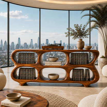 Contemporary vinyl record cabinet with sculpted shelves and turntable display space