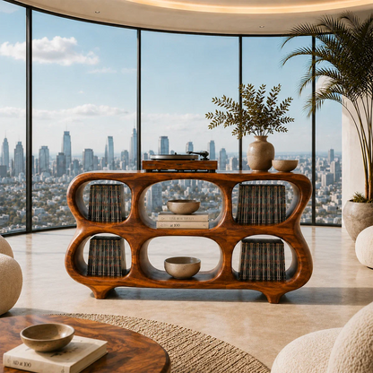 Elegant vinyl organizer cabinet combining LP storage and modern furniture design