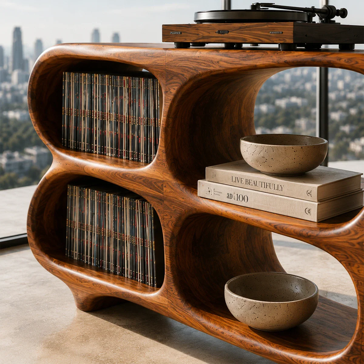 Designer record player furniture with open vinyl storage and artistic curved profile