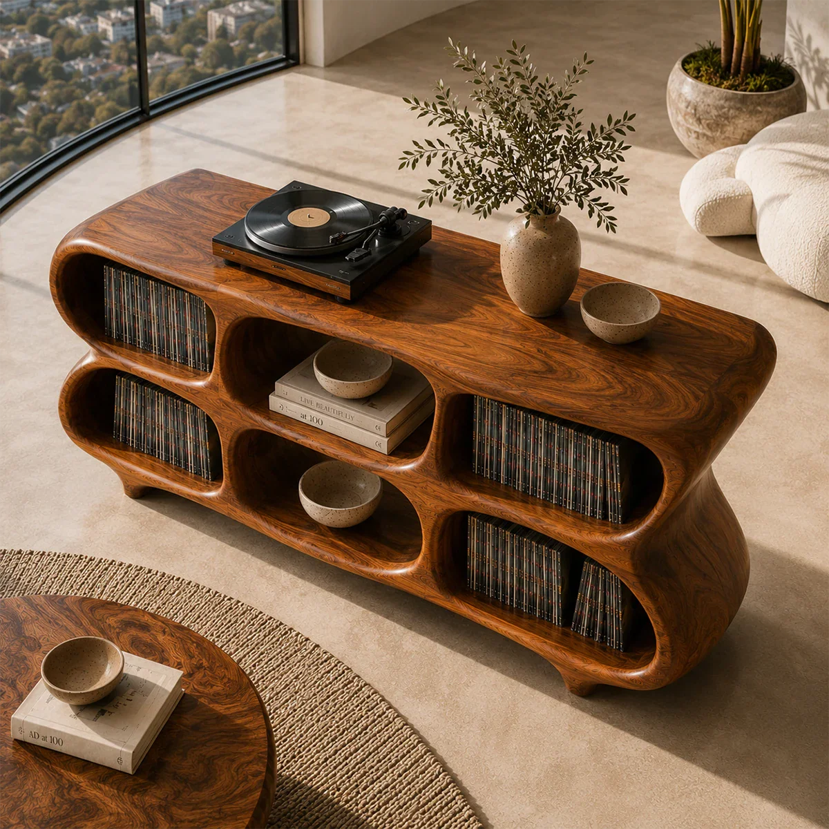 Organic modern vinyl storage cabinet built for turntables and LP collections