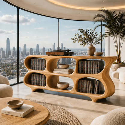 Modern vinyl display cabinet featuring dedicated turntable space and LP organization