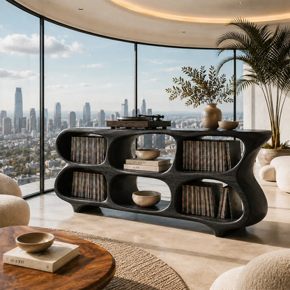 Contemporary audio furniture with integrated record storage and organic silhouette