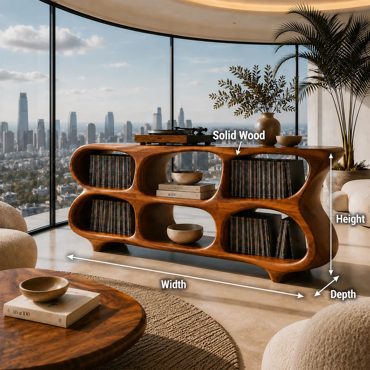 Turntable storage stand with sculptural shelving for organized vinyl collections