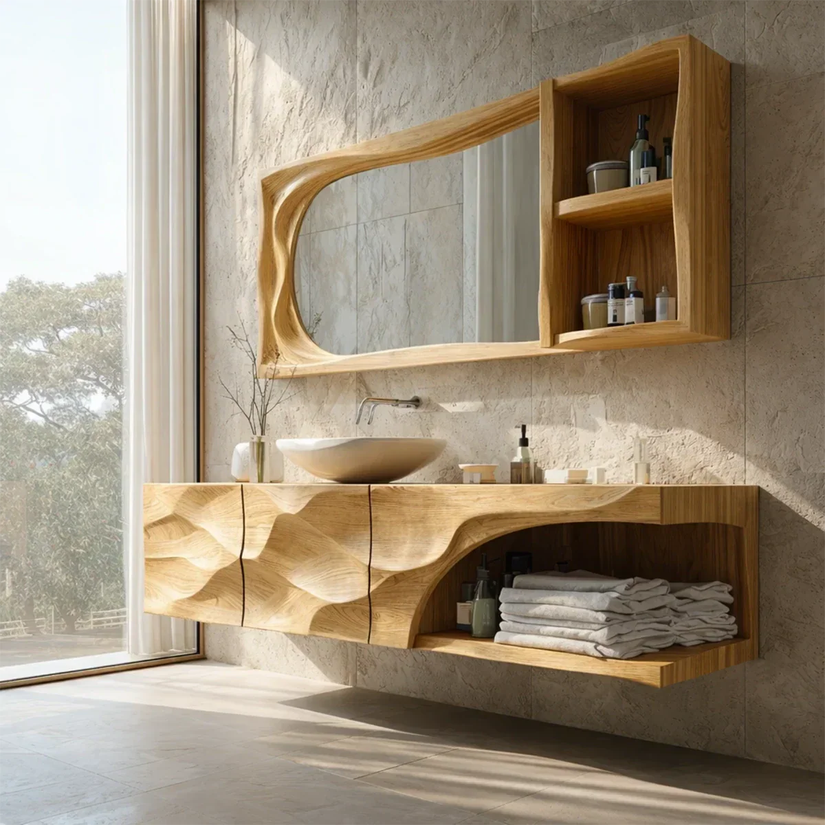 Sculptural Floating Natural Solid Wood Bathroom Vanity With Carved Front