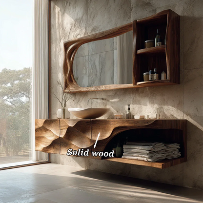Sculptural Floating Natural Solid Wood Bathroom Vanity With Carved Front