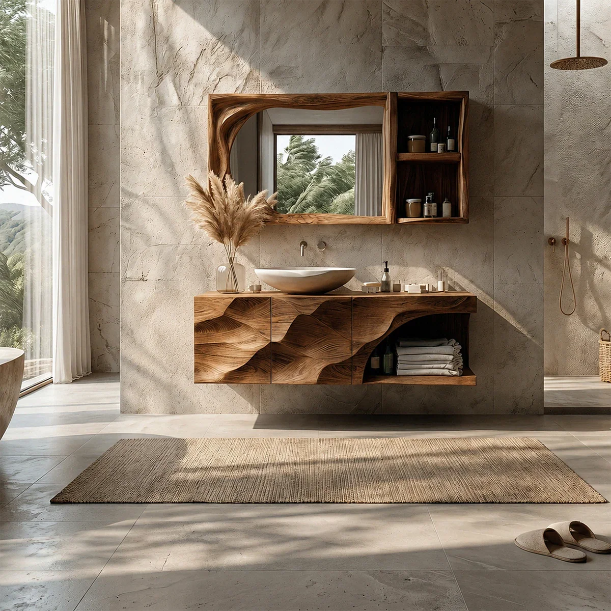 Sculptural Floating Natural Solid Wood Bathroom Vanity With Carved Front