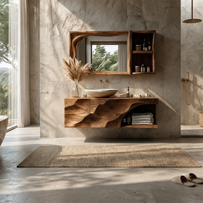 Sculptural Floating Natural Solid Wood Bathroom Vanity With Carved Front