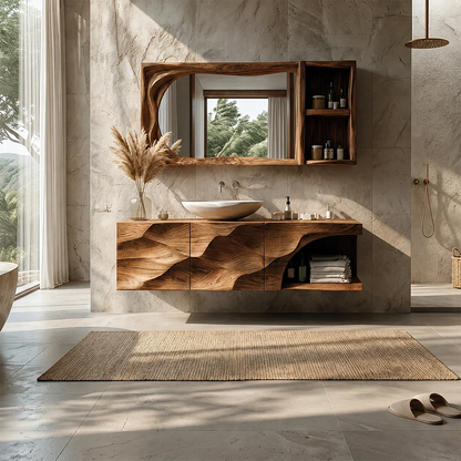Sculptural Floating Natural Solid Wood Bathroom Vanity With Carved Front