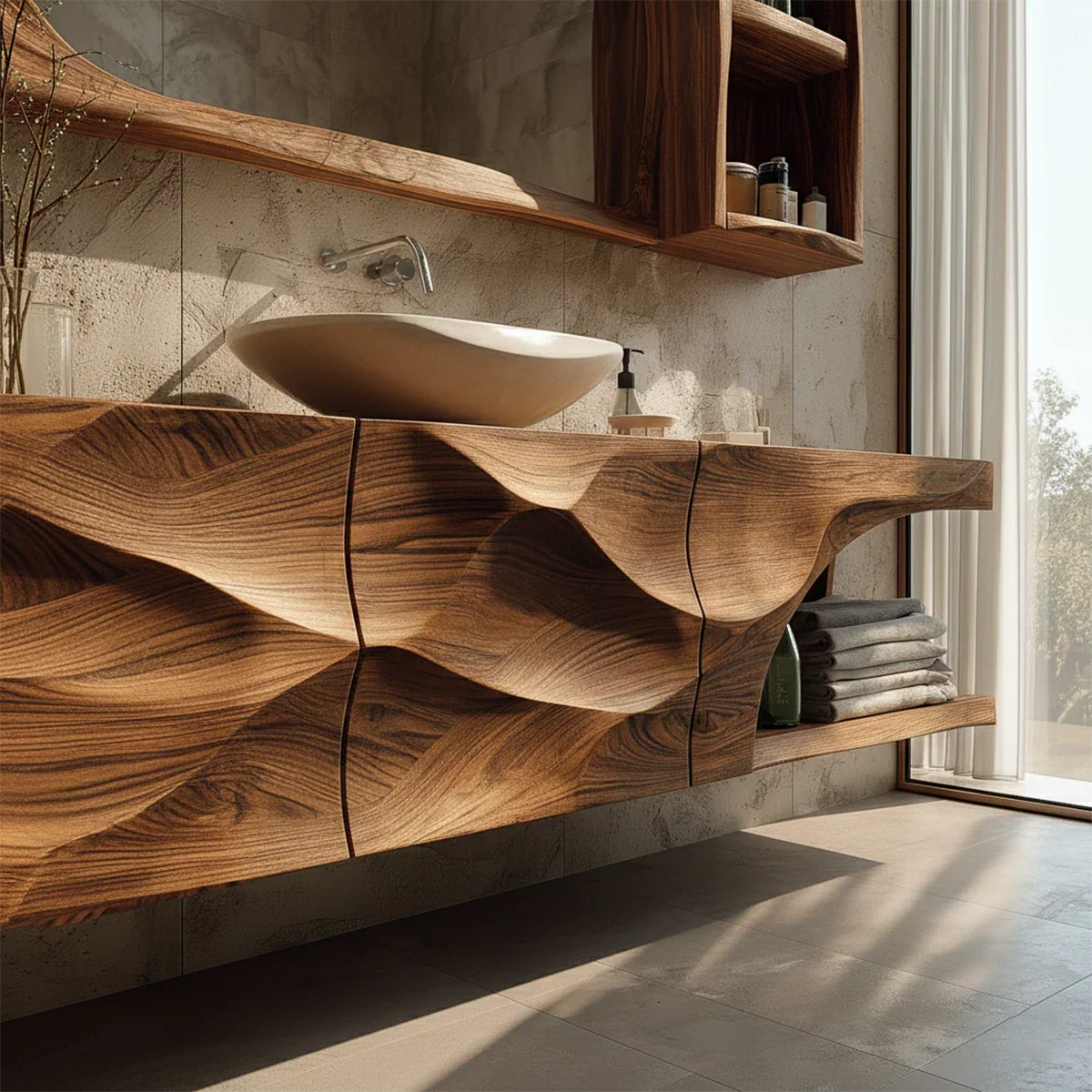 Contemporary carved wood vanity – natural wood bathroom vanity