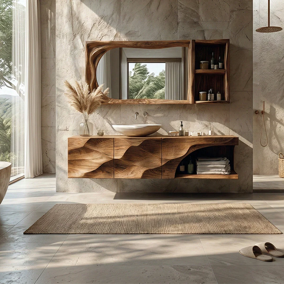 Sculptural Floating Natural Solid Wood Bathroom Vanity With Carved Front