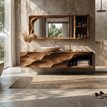Sculptural Floating Natural Solid Wood Bathroom Vanity With Carved Front