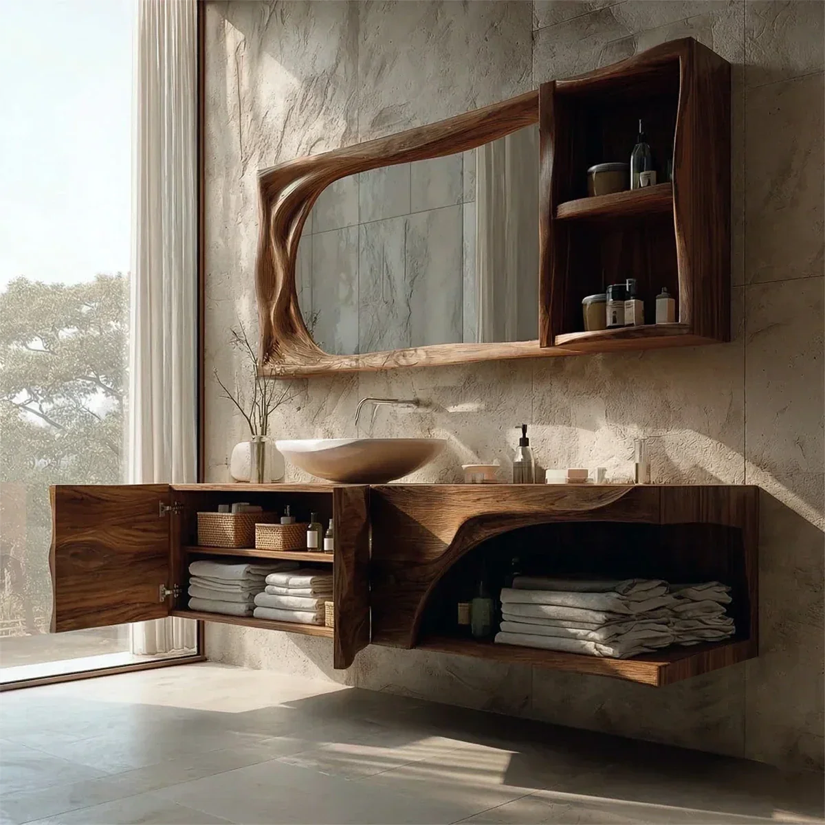 Sculptural Floating Natural Solid Wood Bathroom Vanity With Carved Front