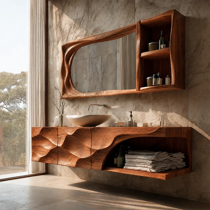 Sculptural Floating Natural Solid Wood Bathroom Vanity With Carved Front