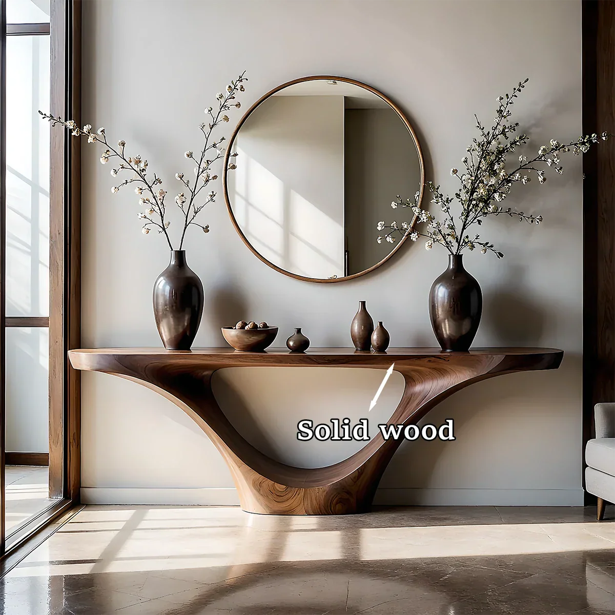 Handcrafted walnut console table with organic form