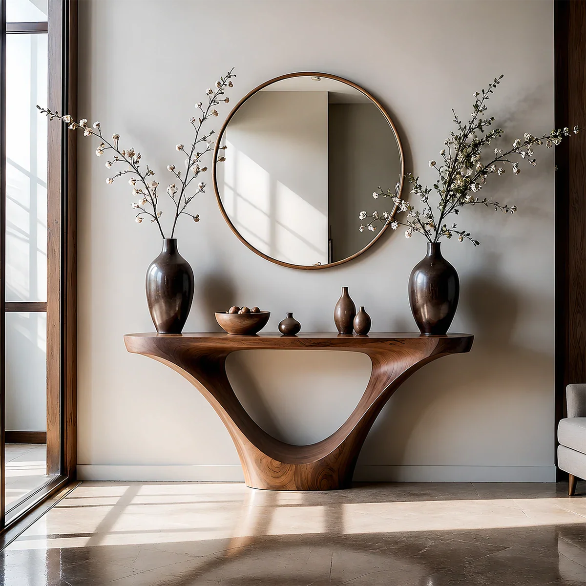 Natural Solid Wood Entryway Console Table Sculptural Inverted Arch Base