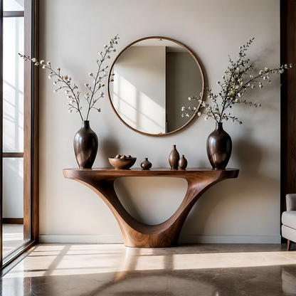 Natural Solid Wood Entryway Console Table Sculptural Inverted Arch Base