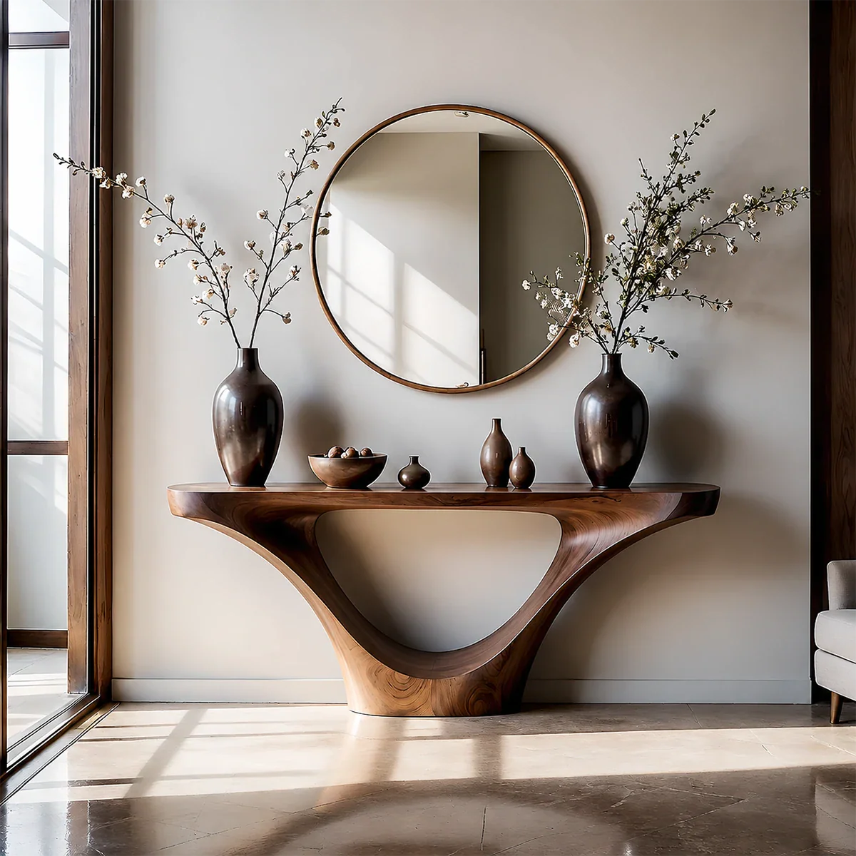Natural Solid Wood Entryway Console Table Sculptural Inverted Arch Base