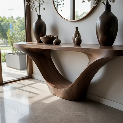 Luxury walnut console table with sculpted curved base