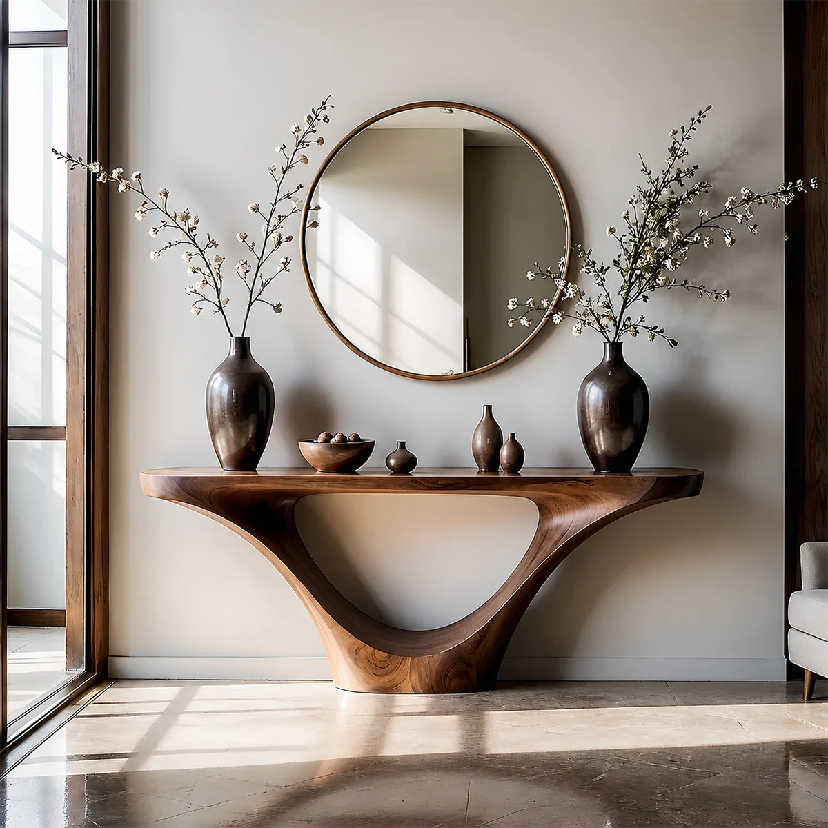 Natural Solid Wood Entryway Console Table Sculptural Inverted Arch Base