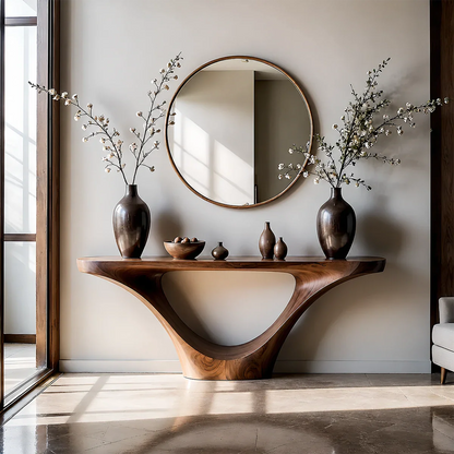 Natural Solid Wood Entryway Console Table Sculptural Inverted Arch Base