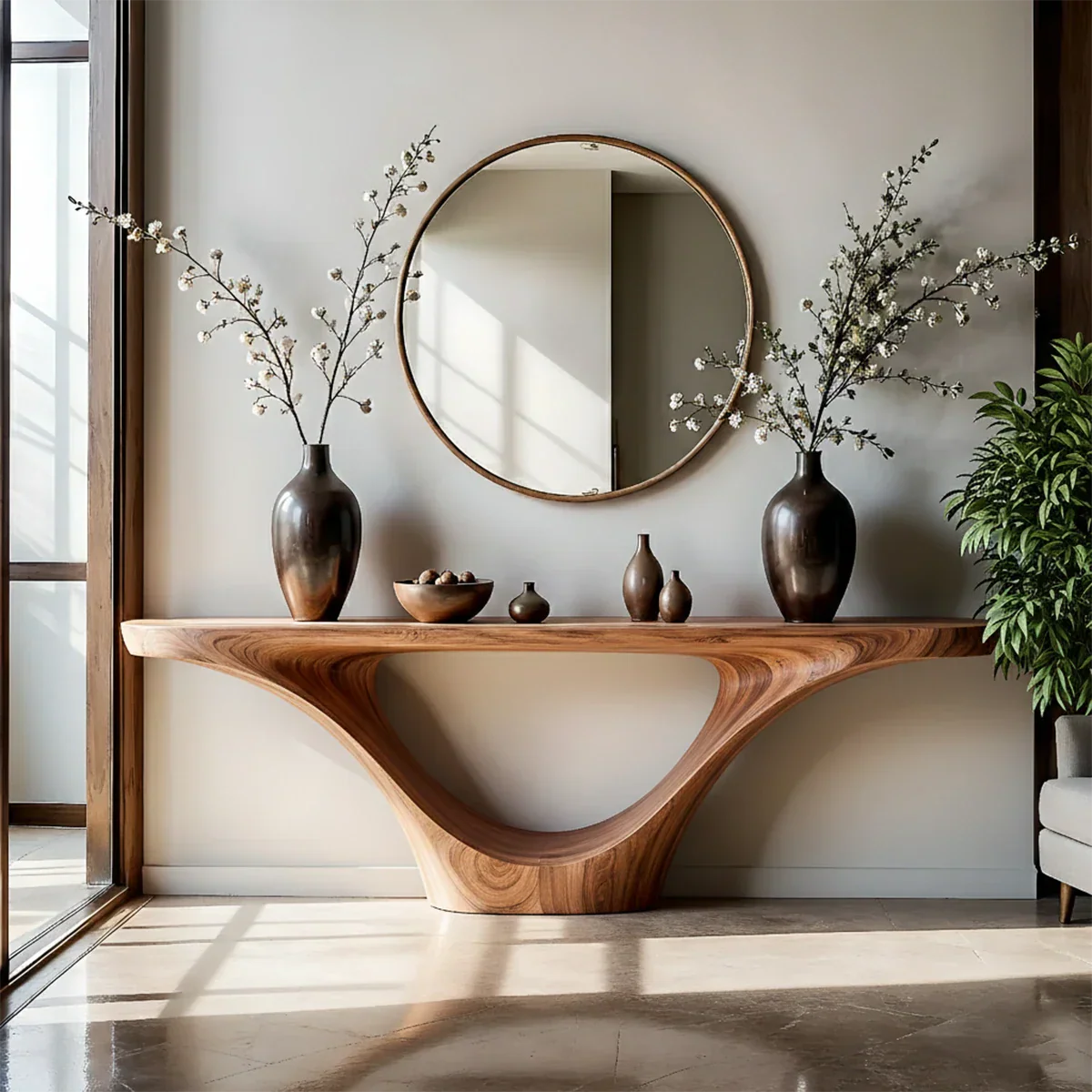 Minimal walnut console table with organic curves