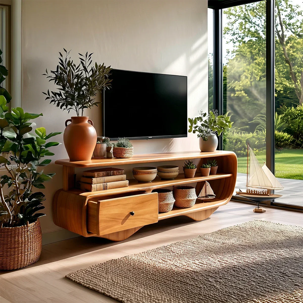 Modern home setup using a compact entertainment cabinet with drawer and shelf storage