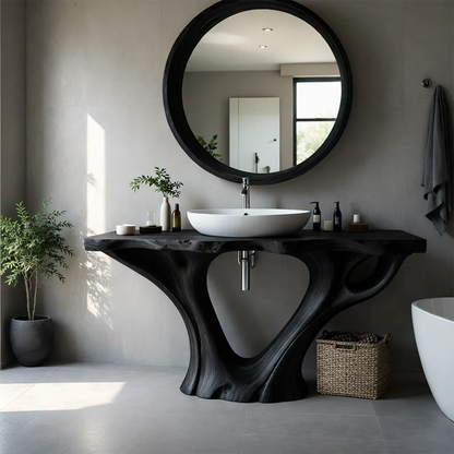 Contemporary solid wood vanity with sculptural legs