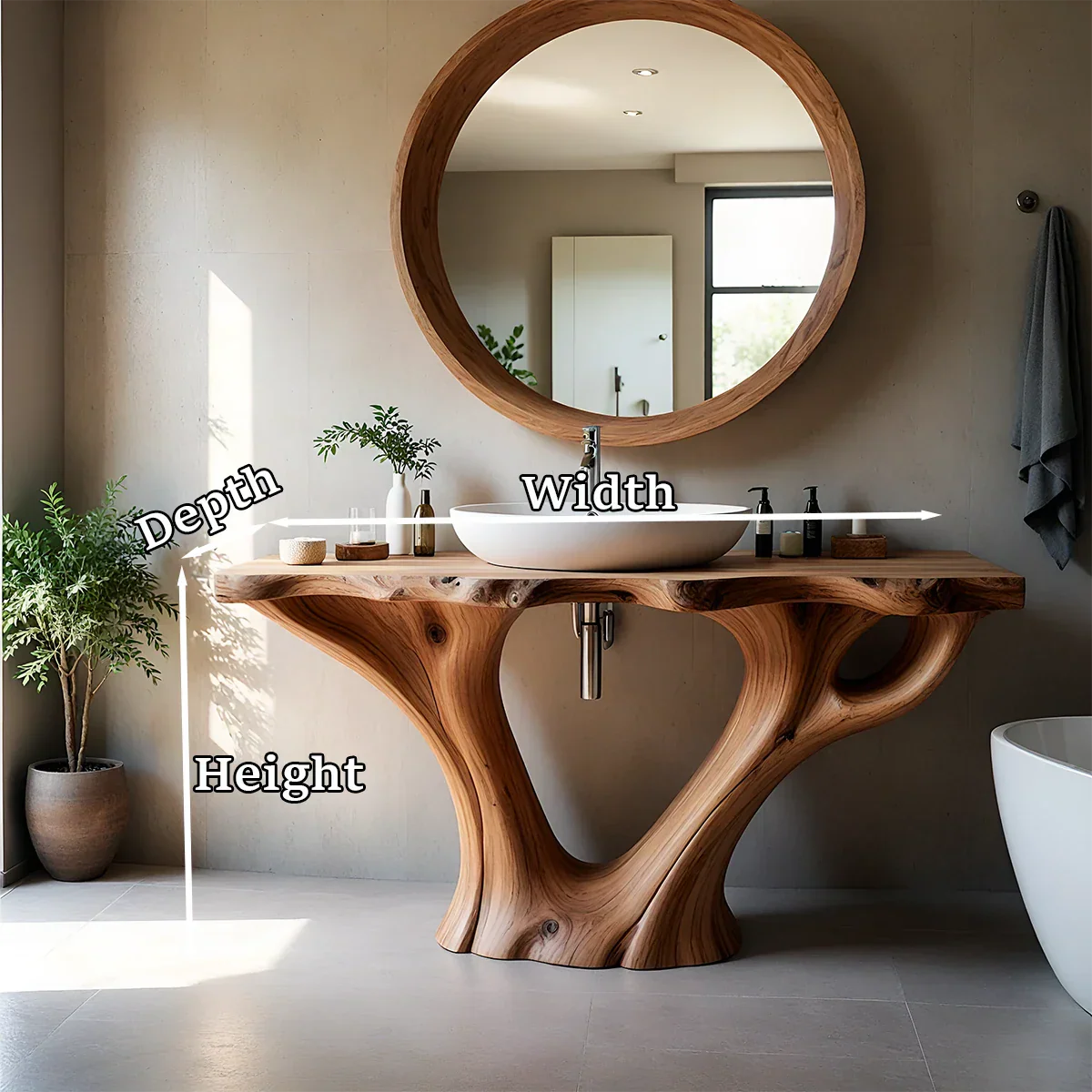 Modern organic wood bathroom vanity with round mirror