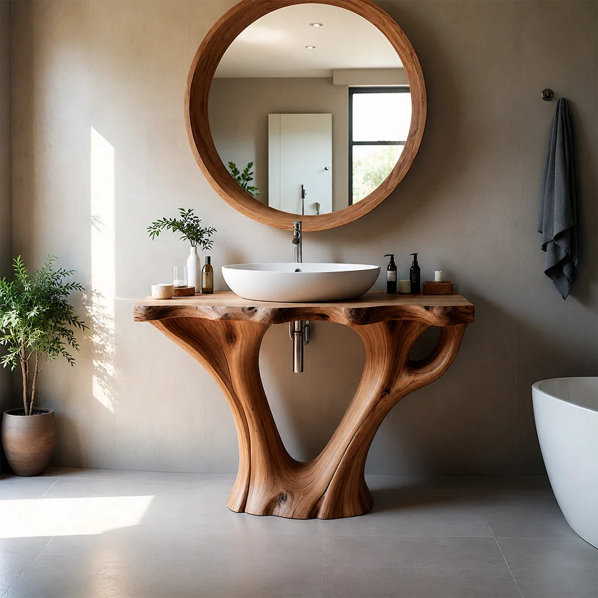 Artistic Flow Bathroom Vanity Natural Solid Wood Twin Sculptural Base