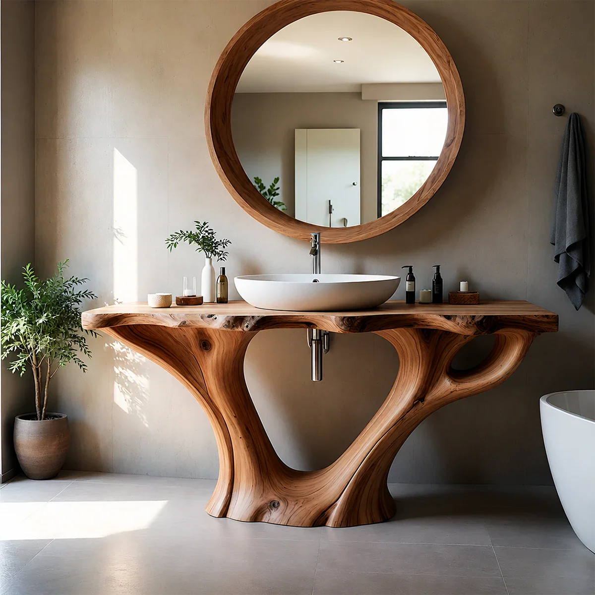Artistic Flow Bathroom Vanity Natural Solid Wood Twin Sculptural Base