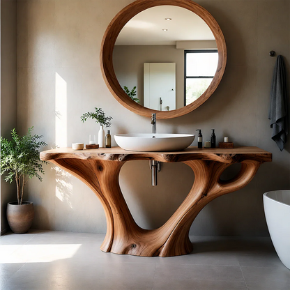 Artistic Flow Bathroom Vanity Natural Solid Wood Twin Sculptural Base