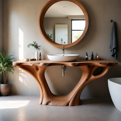 Artistic Flow Bathroom Vanity Natural Solid Wood Twin Sculptural Base