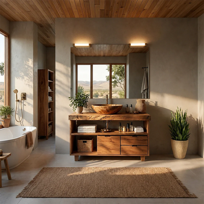 Live Edge Natural Solid Wood Bathroom Vanity With Vessel Sink And Storage