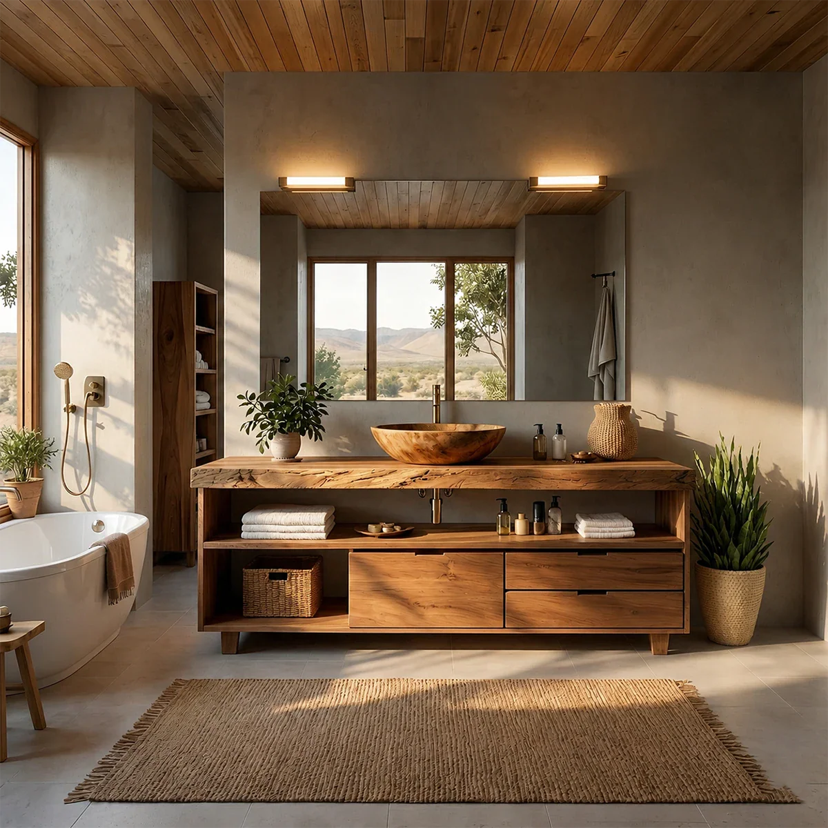 Live Edge Natural Solid Wood Bathroom Vanity With Vessel Sink And Storage
