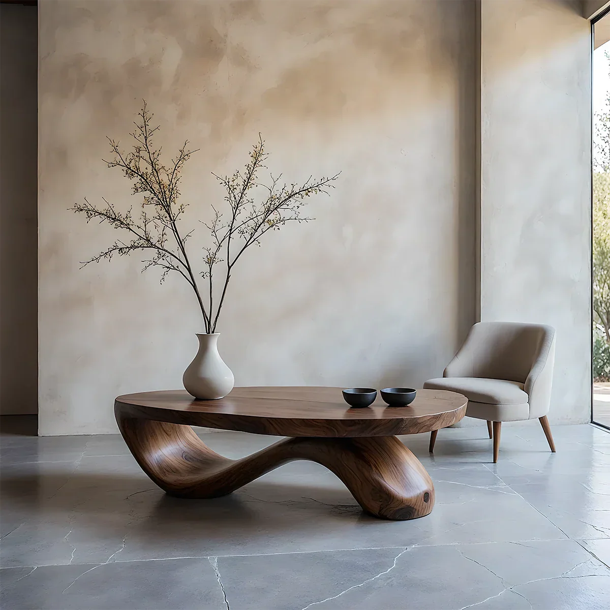 Walnut coffee table with sculptural curved base and smooth organic form in a minimal modern living space