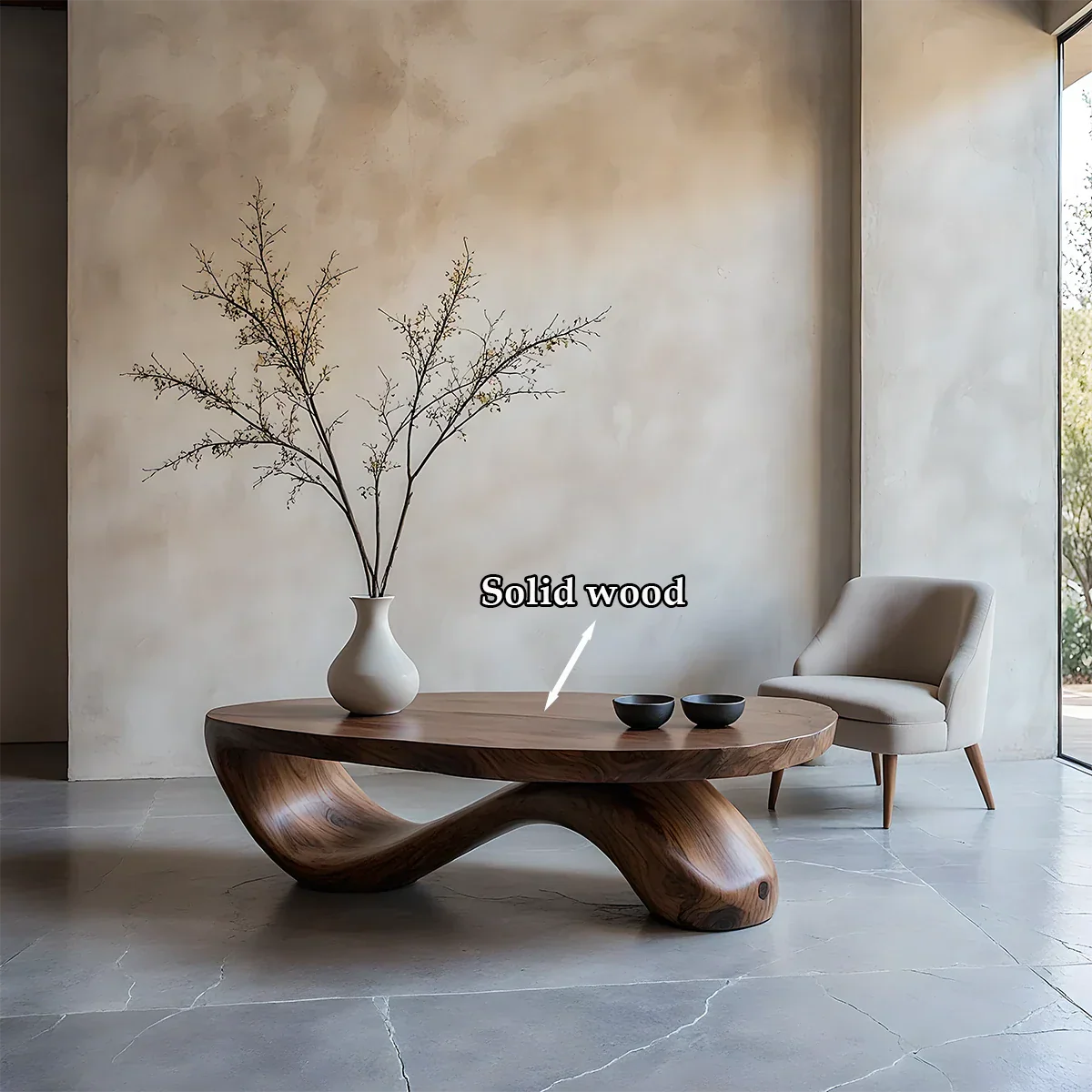 Walnut coffee table featuring natural wood grain and sculptural base in a soft toned contemporary room