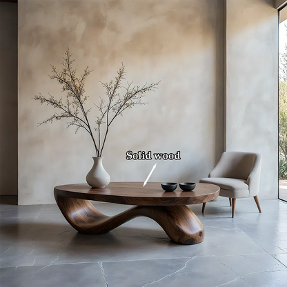 Walnut coffee table featuring natural wood grain and sculptural base in a soft toned contemporary room