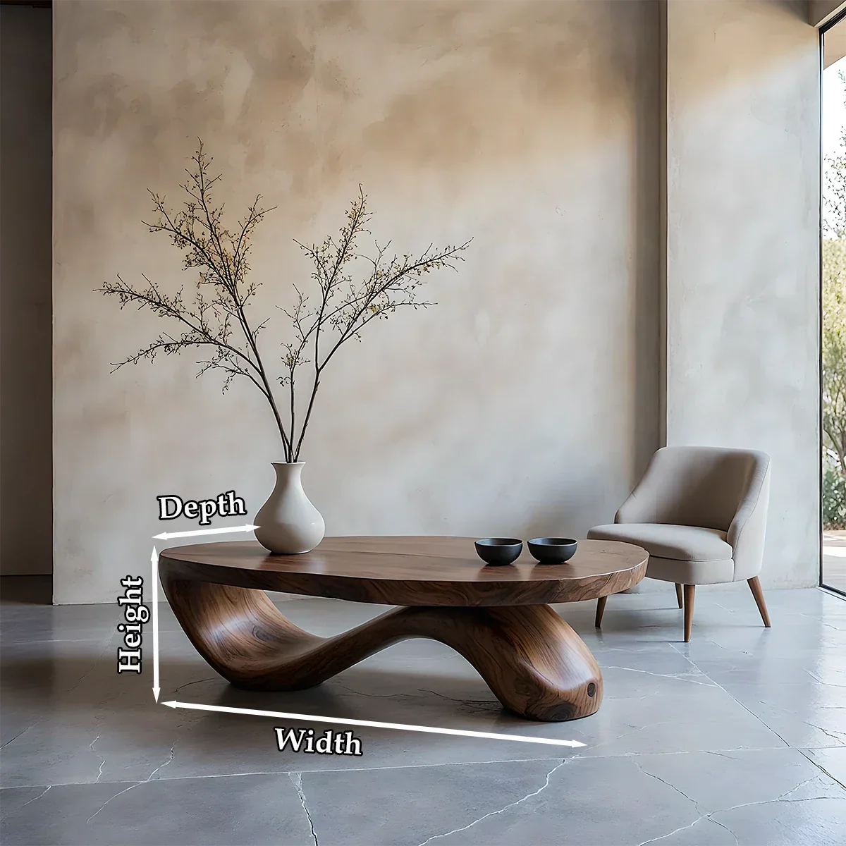 Organic walnut coffee table with curved base and seamless surface in a modern minimalist environment