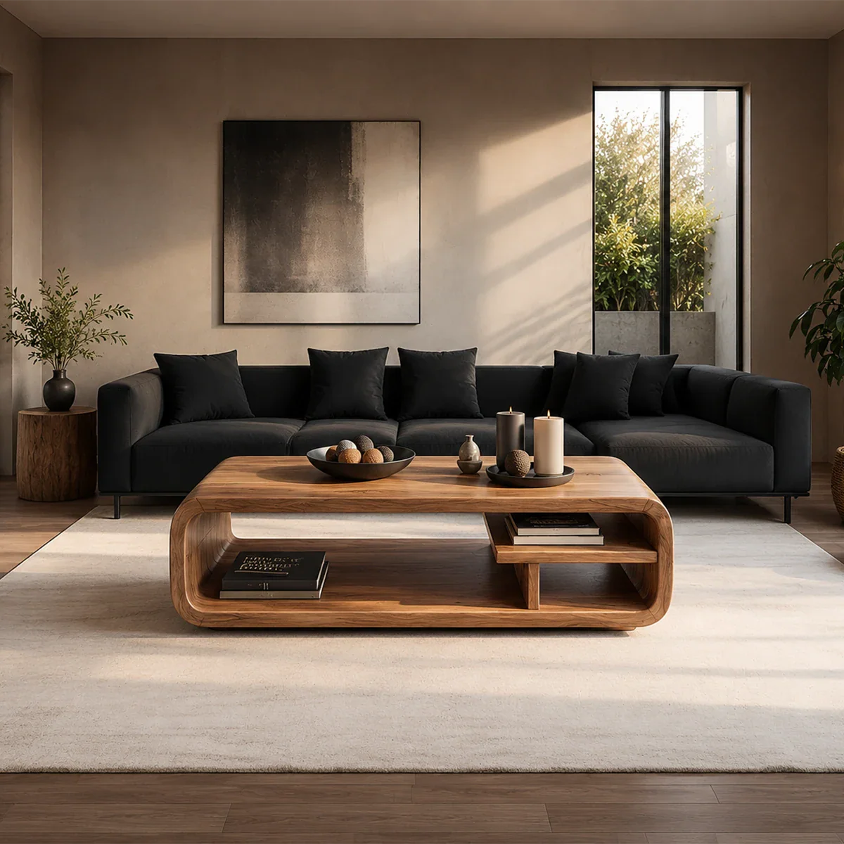 Modern living room with a dark gray sofa and wooden coffee table.