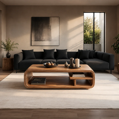 Modern living room with a dark gray sofa and wooden coffee table.