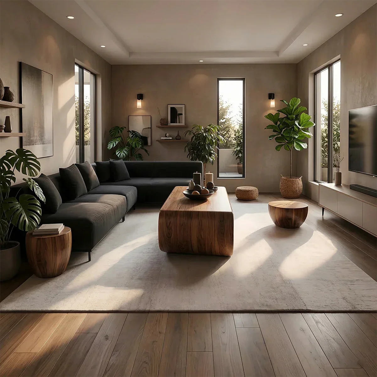 Modern coffee table with walnut finish and sculptural base form in a clean and calm living room setting