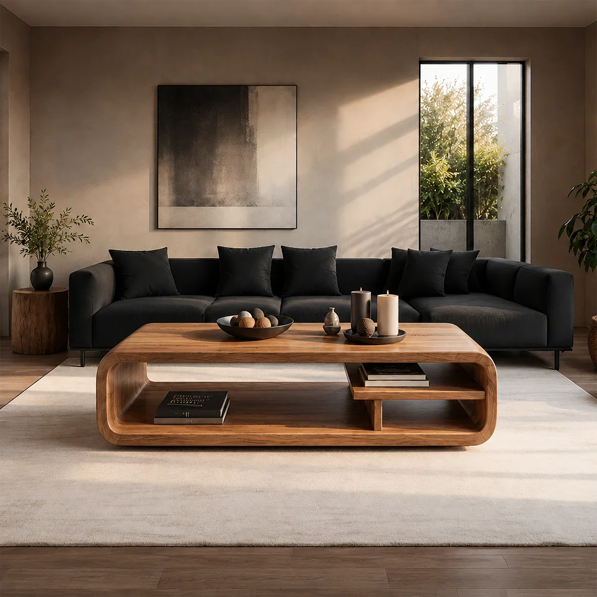 Curved Storage Coffee Table – Solid Wood Seamless Loop Design