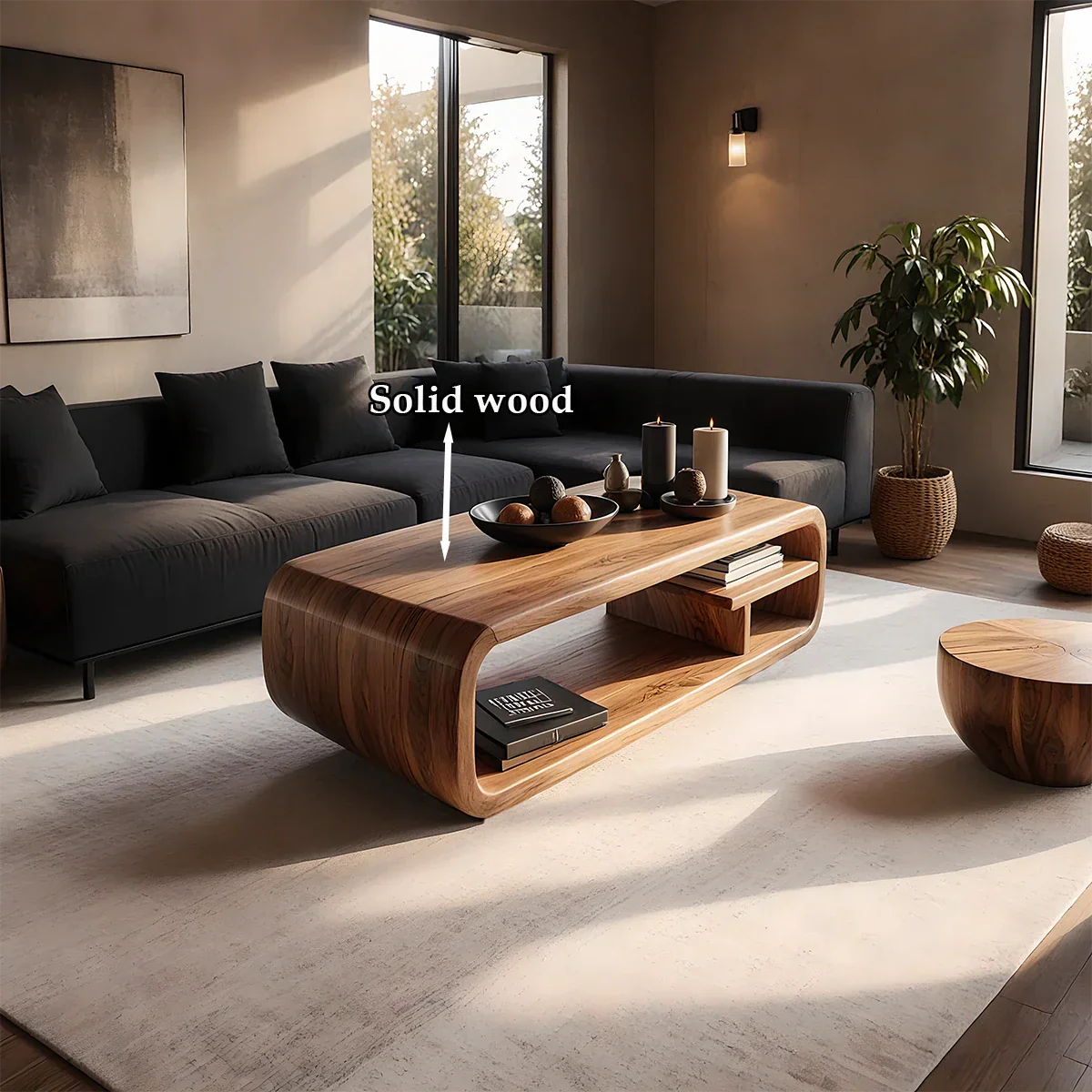 Walnut finish coffee table with organic silhouette and sculptural base in a clean contemporary environment
