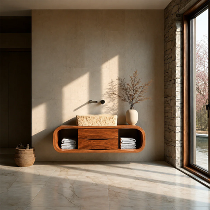 Floating Bathroom Vanity Natural Solid Wood With Curved Frame Storage