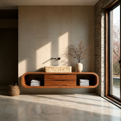 Floating Bathroom Vanity Natural Solid Wood With Curved Frame Storage
