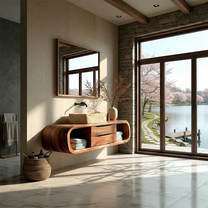 Modern walnut floating bathroom vanity with stone sink