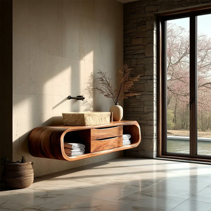 Organic walnut floating bathroom vanity with rounded frame