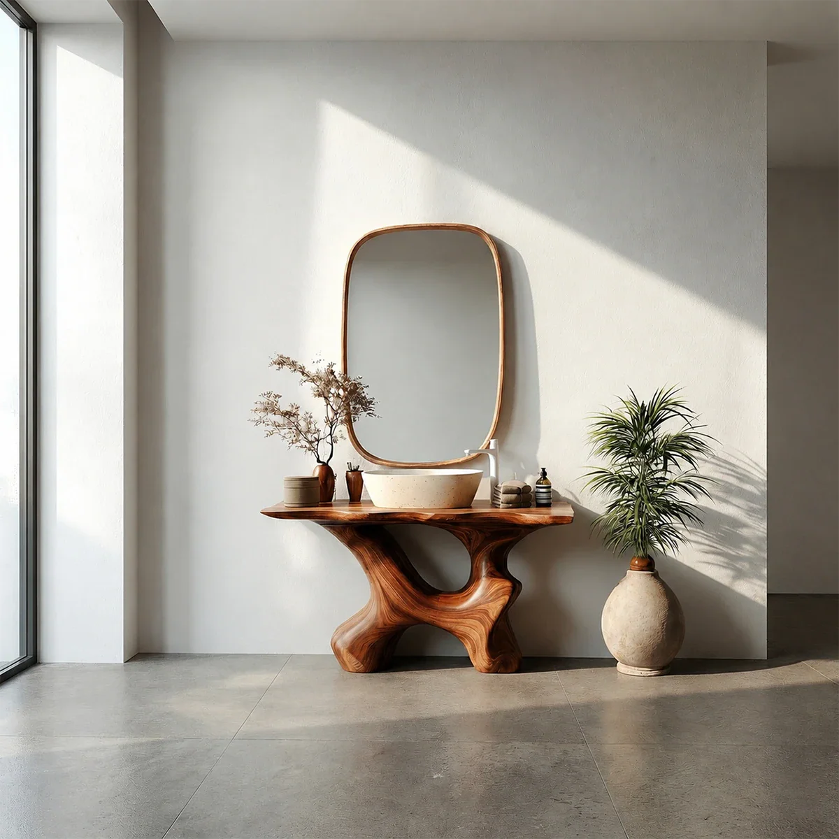 Artistic Sculptural Bathroom Vanity Natural Solid Wood Curved Base